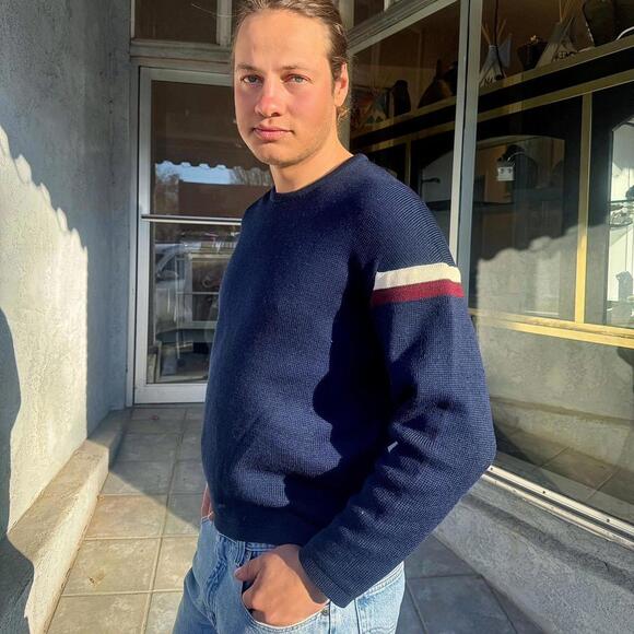 Vintage 70s Demetre Men’s Wool Sweater L Navy Retro Stripe Crewneck